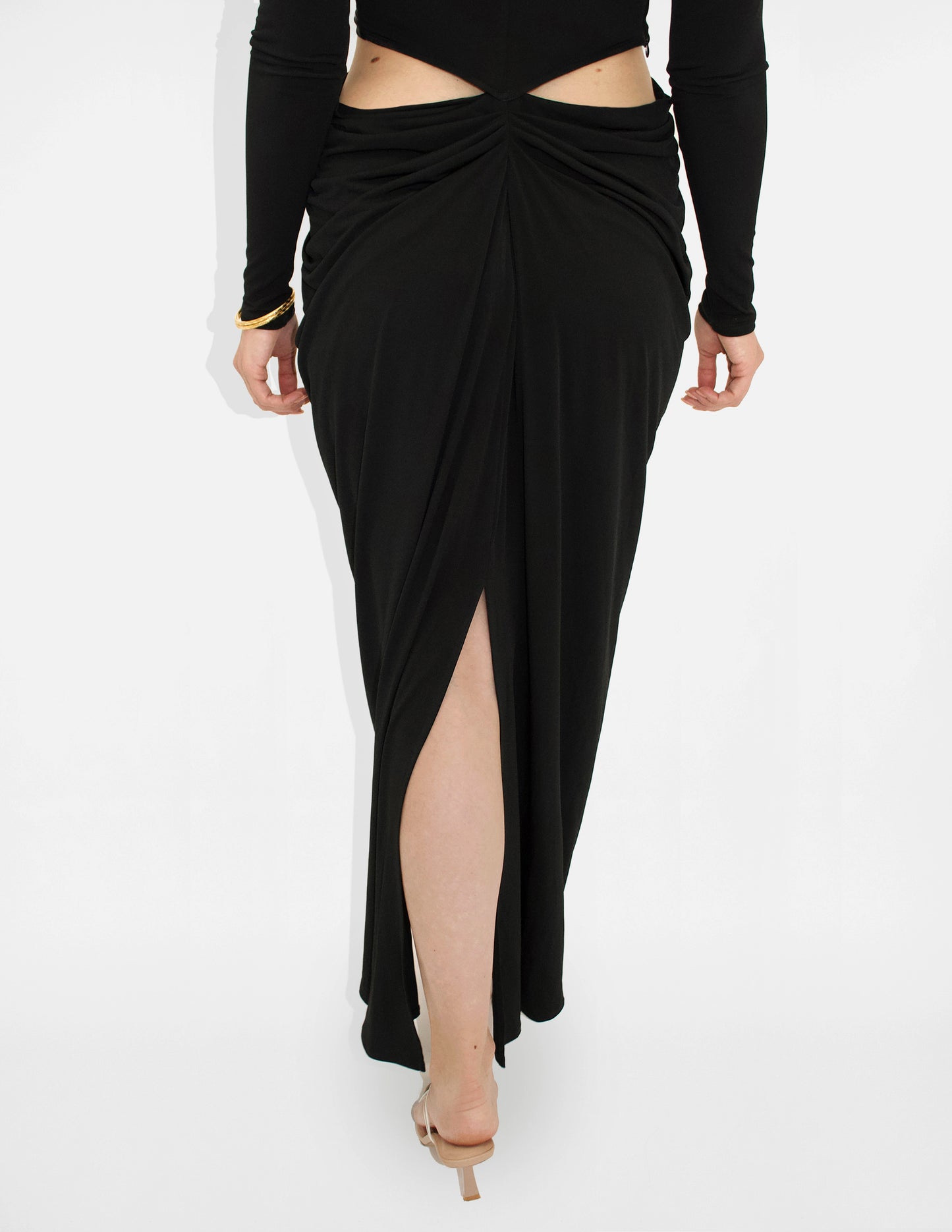 Long Sleeve Ring Front Side Cut Out Pleated Gown