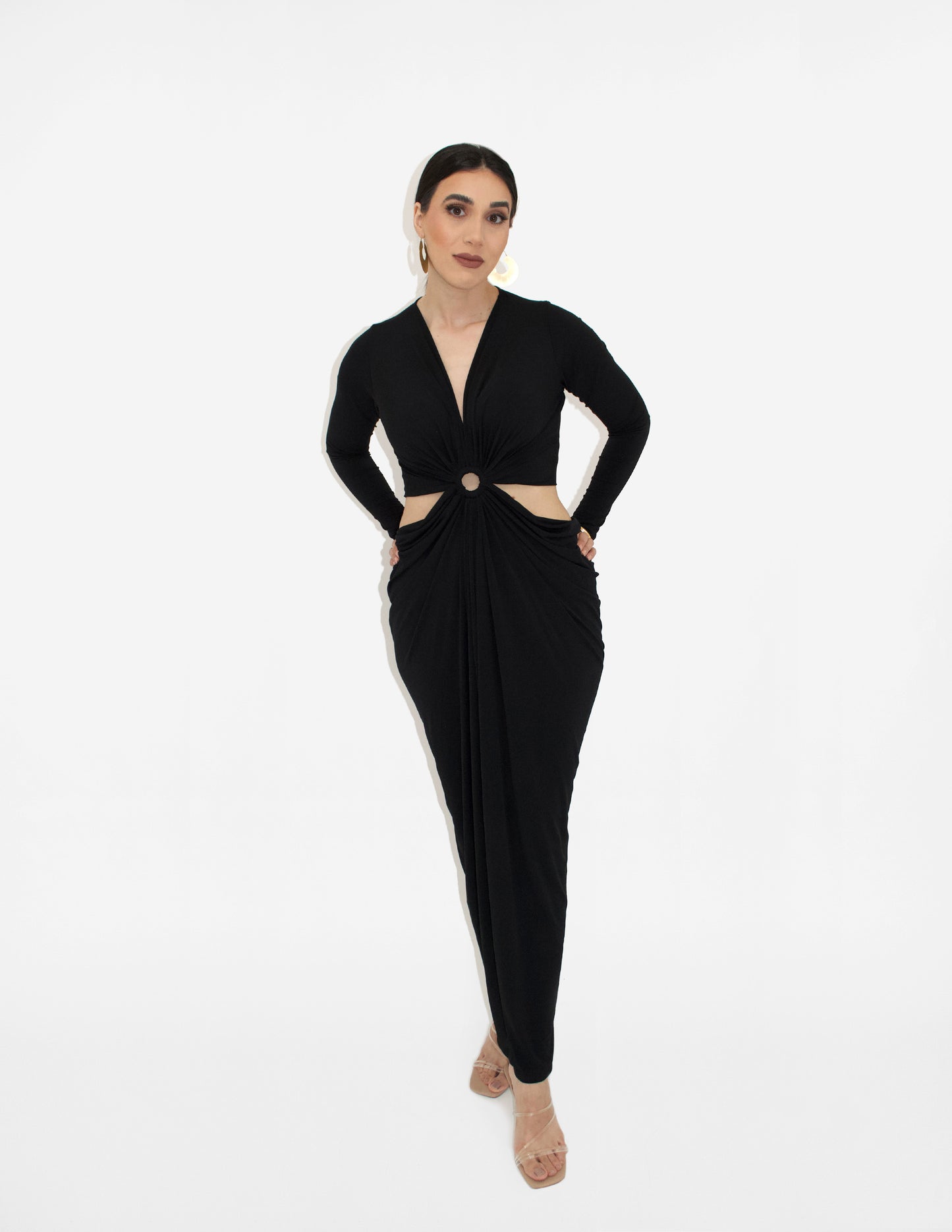 Long Sleeve Ring Front Side Cut Out Pleated Gown