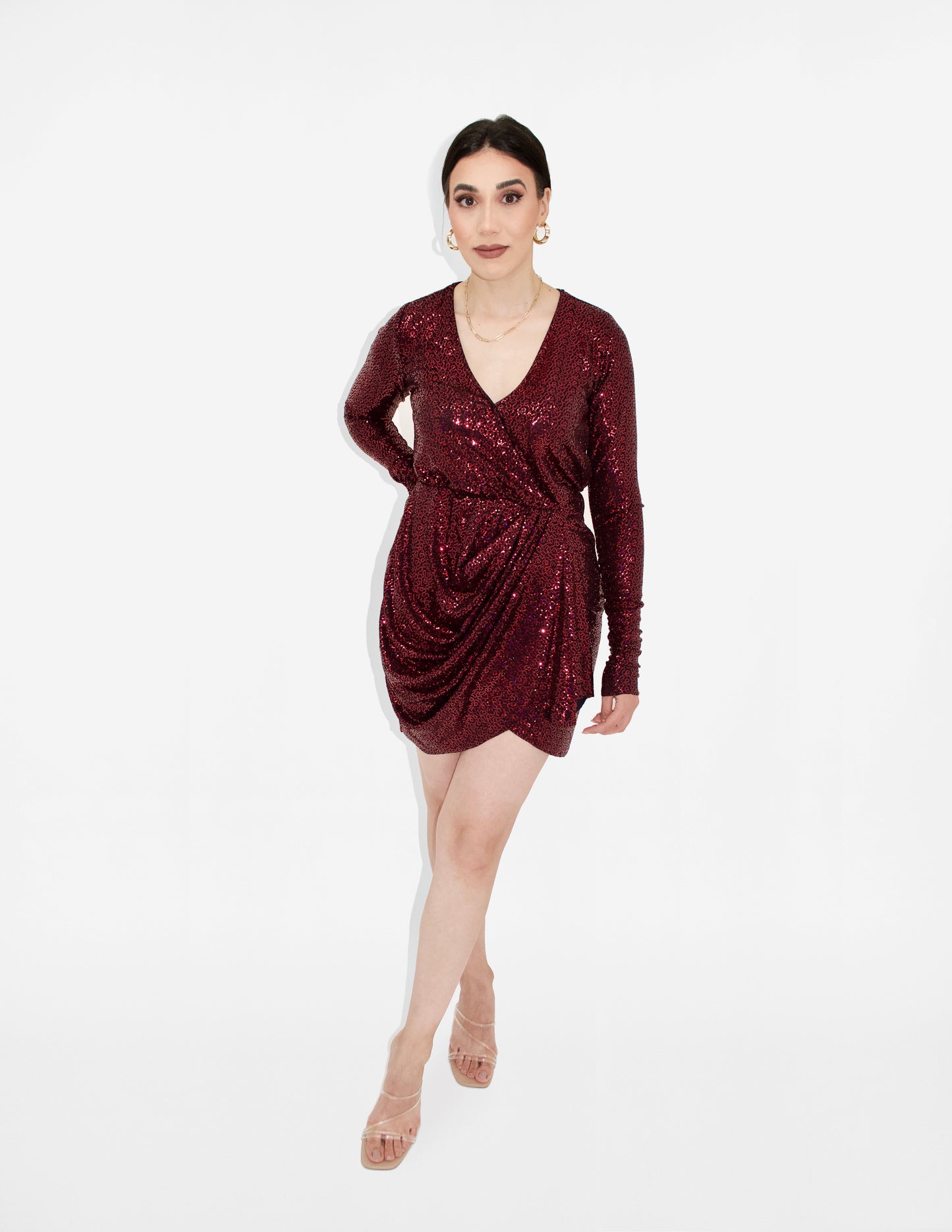 Surplice Long Sleeve Pleated Mini Dress